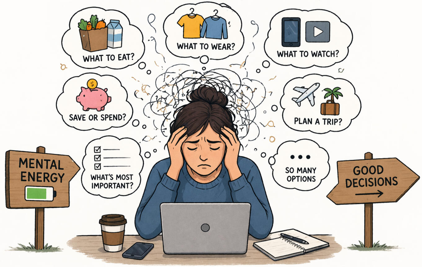 Decision Fatigue An illustration of a woman holding her head while sitting in front of a computer. Two wooden signs surround her denoting "mental energy" above a battery, and "good decisions" opposite. She is surrounded by thoughts and confusion about potential decisions.